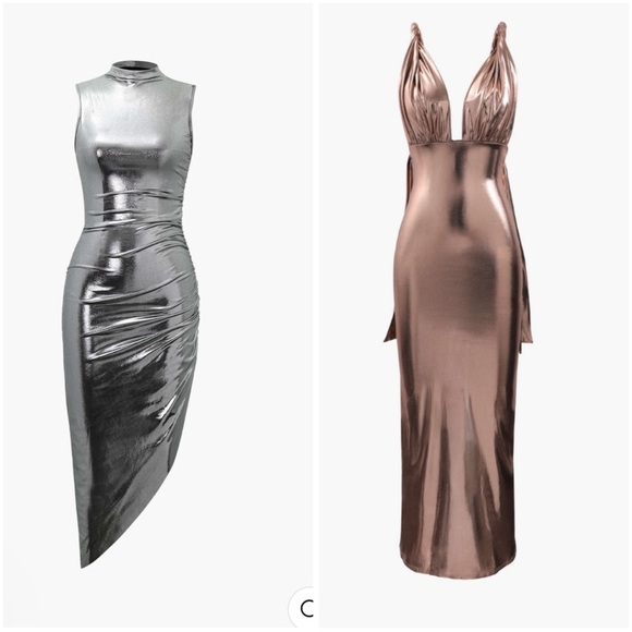 Silver Metallic Asymmetric Midi Dress + Rose Gold Metallic Backless Midi Dress - Picture 1 of 5